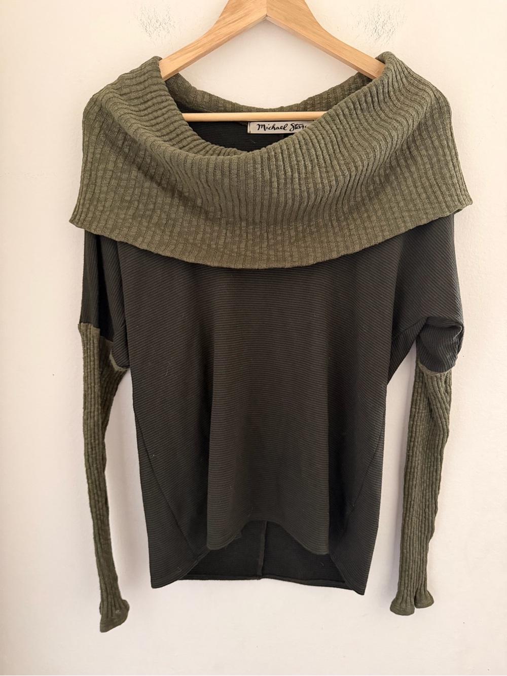 Michael Stars Cowl Neck Thermal Knit Top One Size OS Olive Green Made in USA